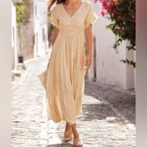 Lascana Floral Patterned V NECK SMOCKED MAXI DRESS, SHORT FLOUNCE SLEEVES SIZE 8